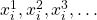 x_i^1, x_i^2, x_i^3, \dots